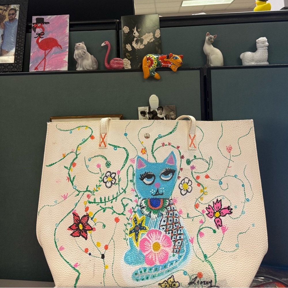 Painted Talavera Cat Design Tote Bag - Cream